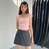 Vevesc Lace Bandage Shirts For Women 2024 Summer Pink Lovely Crop Tops Womens Street Casual Bodycon Lace-Up Tank Top Ladies