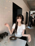 Vevesc Angel Wings Diamond O-neck White T-shirts 2024 Summer New Slim Fit Tops Women Y2k E-Girl Short Sleeve All-match Tee Shirt