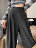 Vevesc  Gray Suit Pants Women's Spring New Casual Loose High Waist Women's Pants Solid Color Fashion Double Buckle Wide Leg Pants Women