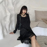 Vevesc Gothic Black Stitching Dress Y2K Summer Ruffles Irregular Dress Lace Chic A Line Dress Korean Puff Sleeves Sexy Slim Dress