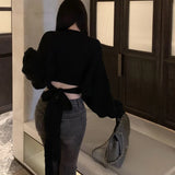 Vevesc Sexy Vintage Knitted Pullover Women Black Sweater Lace Up Crop Tops Korean Style Long Sleeve Pullovers Solid Aesthetics