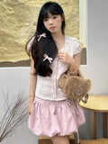 Vevesc  Fashion Sweet Matching Sets Puff Sleeve Plaid Shirts Folds High Waist Lace-up Mini Skirts Summer Y2k Female Slim Women Clothing