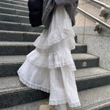 Vevesc  Lace Ruffles Sweet Long Skirts Spring Autumn Korean Fashion Retro Faldas Mujer Elegant High Waist Solid Women Skirt