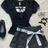 Vevesc Elegant Sweet Square Collar Bow Short Sleeve Tops Women+ Y2k Slim Waist Ruched Skirts 2024 Summer New Two Piecec Sets