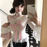 Vevesc Sweet Lace Sexy Off The Shoulder Japan Style T Shirts Y2k Aesthetic All Match Slim Popular Clothing American Streetwear Tops