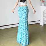 Vevesc  Side Mesh Patchwork Floral Print Mermaid Skirt Holiday Cute Ruched Long Skirts Korean Style Outfits Sweet Bottoms Y2K