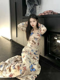 Vevesc Fashion Vintage Butterfly Dress For Women 2024 Summer New Slim Fit Ruched Dresses Y2k Kpop Lobng Sleeve Vestidos Mujer