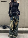 Vevesc Winter Punk Sexy Vintage Ripped Harajuku Loose Jeans Y2K Hollow Out Trashy Pants Women's BaggyTassels Denim Trouser