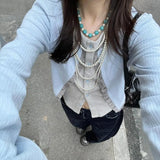 Vevesc Fake Two Pieces Vintage Y2k Aesthetic Women Cardigans Streetwear Slim Fit Hole Coats Harajuku Autumn Grunge Patchwork Tops