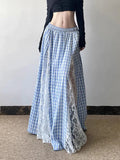 Vevesc  Lace Patchwork Plaid Long Skirts Women Vintage Loose Sexy A Line Skirt French Retro Elegant Lady Design Sweet Casual Skirt