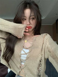 Vevesc Korean Fashion Sexy Pullovers Women Vintage Hollow Knitted Cropped Mesh Tops Female Kpop Solid Harajuku Cardigan Spring