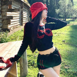 Vevesc Lace Patchwork Two-piece Set Contrast Color Crop T-shirt + High Waist Bandage Shorts Autumn Femme Casual Slim Grunge Suit