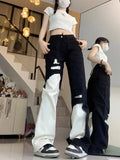 Vevesc Trend Street Black White Denim Pants Women Y2k E-Girl High Waist Irregular Trousers Summer Loose Straight Wide Leg  Jeans