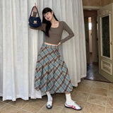 Vevesc Vintage Plaid Long Skirt Women Harajuku Y2k Pleated Skirt Retro Streetwear Autumn Winter A-line Midi Skirts Aesthetics