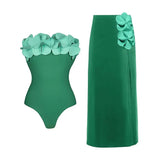 Vevesc  2025 Bandeau 3D Flower One Piece Swimsuit and Skirt Women Sexy Off The Shoulder Party Swimwear Sets Femme Beachwear