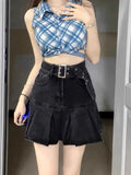 Vevesc Oversize American Retro High Waiste A-line Skirts 2024 Summer New Ruched  Faldas Mujer Y2k Grunge Denim Skirt for Women