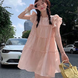 Vevesc Sweet Gentle Flying Sleeve Lace White Dresses Summer Fungus A-line Dress For Women 2024 New Straight Loose Vestidos Mujer