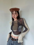 Vevesc Street Vintage Tie Dye O-neck Tops Women Spring Summer New Slim Fit Bottoming T-shirts Y2k E-Girl Long Sleeve Blusas Mujer