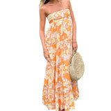 Vevesc  Elegant Off-Shoulder Maxi Dress with Boho Floral Print and Lace-Up Back Detail for Summer Wedding Party or Vacation Beachwear