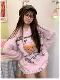 Vevesc Bear Cartoon Print American Vintage Mink Cashmere Letter Pullovers O Neck Long Sleeve Y2K Sweaters Women Sueter Mujer Knitted