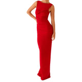 Vevesc  Elegant Sleeveless V-Neck Ruched Evening Gown with Side Slit and Embellished Waistband for Formal Events and Parties
