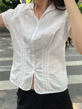 Vevesc  Sweet White Slim Short Sleeve T-shirts Women Fashion Cute Single-breasted Cotton T Shirts Summer Vintage Solid Y2k Tops