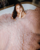 Vevesc Beautiful Light Pink Fluffy Tiered Tulle Bridal Dresses Voluminous Tulle Maxi Gowns Romantic Wedding Gowns