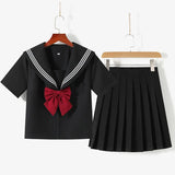 Vevesc Japanese School Uniform Girls Jk Suit Red Tie Black Oversized Patchwork Basic Sailor Uniform Women Long Sleeve Suit