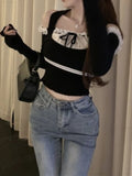 Vevesc Sweet Preppy Korean Lace Patchwork Now T-Shirts Slash Neck Off Shoulder Halter Crop Top Japanese Fashion Y2k Contrast Color Tees