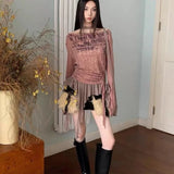 Vevesc Grunge Aesthetics Knitted Tops Trashy Y2k Graffiti Print T-shirt Vintage Punk Irregular Patchwork Knitwear High Street Ropa