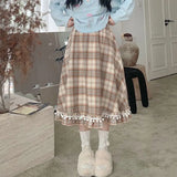 Vevesc Kawaii Japanese Style Plaid Skirt Women Vintage Long Skirt Preppy Style Autumn Winter Fashion Cute Retro Midi Skirts