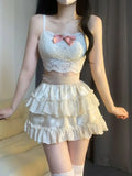 Vevesc Japanese Lolita Kawaii 3 Piece Set Women Lace Sweet Party Cake Skirt Suit Female Bow Elegant Hight Waist Skirts Suit Summer