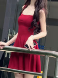 Vevesc  Sweet Red Mini Dress for Women French Slash Neck Sleeveless Birthday Party Short Dresses Summer A-Line Vestidos Female Clothing