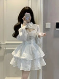 Vevesc Women Two Pieces Sets Crop Overshirt + White Strap Lace Dress Casual Y2k Mini Dress Korean Style Suit Chic Summer Outfits