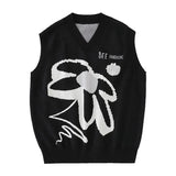 Vevesc Jacquard Vintage Sweater V Neck Knitted Y2k Korean Tops Black Oversize Floral Print Women Sleeveless Pullovers Preppy Style Vest