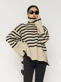 Vevesc Striped Sweater Women Turtleneck Pullover Ladies Autumn Winter Warm Jumper Female Long Sleeve Top Loose Knitwear Pull Femme