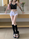 Vevesc Hole Sexy Low-waisted Denim Shorts for Women Y2k Grunge High Waist Straight Jeans 2024 Summer New Loose Wide Leg