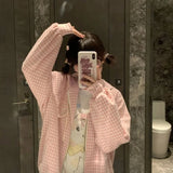 Vevesc Fashion Sweet Strawberry Cake Embroidery Jackets Summer Long Sleeve Zipper Hoodie Tops Y2k Kpop Pink Plaid Heart Coat Women