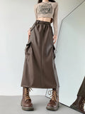 Vevesc Women's Black Pu A-line Long Skirt Vintage Y2k Skirt Harajuku Korean Streetwear Elegant Patchwork Skirt 2000s Clothes Autumn
