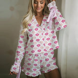 Vevesc Cutest Bow Graphic Print Bandage Long Sleeve Button Up Blouse Tops + Ruffles Shorts Vintage 2 Piece Pajamas Lounge Sleepwear