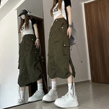 Vevesc Y2K Drawstring Parachute Skirts Women High Street Side Split Cargo Long  Female Casual Multiple Pockets Maxi