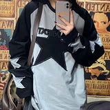 Vevesc Kpop Harajuku Star Grey Sweatshirt Women Y2K Hippie Grunge Patchwork Letter Hoodie Korean Oversize Long Sleeve Tshirts