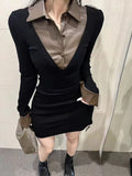 Vevesc Brown Long Sleeves Womens Dress Chic Design Long Skirt French Hepburn Elegant Style Polo Fashion Female Dress