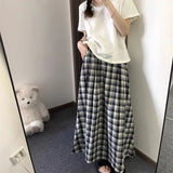 Vevesc Plaid Long Skirt Women Vintage Ruffle Kawaii Midi Skirt Preppy Style Korean Fashion Loose Casual A-line Retro Skirts