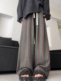 Vevesc Spring Autumn Woolen Wide Leg Pants Y2k E-Girl High Waist Straight Fashion Vintage Trouser Sred Green Striped Knitted