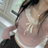 Vevesc Lace Patchwork Ropa Mujer Camisetas Fake Two Piece Lace-up Bow Slim Waist Hotsweet Long Sleeve Tshirts Y2k Women Tees Pink