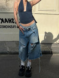 Vevesc Harajuku Vintage High Waist Black Retro Washed Denim Shorts Women's Fashion Casual Loose Fit Y2K Streetwear Mid Long Short