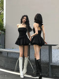 Vevesc Summer Black Y2k Two Piece Skirt Set Women Sexy Gothic Party Mini Skirt Set Female Korean Fashion Designer Slim Elegant Set