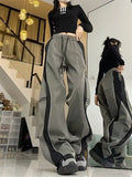 Vevesc Y2K Line Design Pant Women Drawstring Pockets Wide Leg Chic Punk Pants Baggy Striped Sports Sweatpants Parachute Jogger Trousers