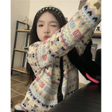 Vevesc Y2K Knitted Cardigan Women Sweet Print Sweater Coat Korean Cartoon Jacquard Knitwear Harajuku Patchwork Casual Jumper Tops